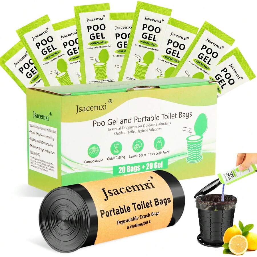 Portable Toilet Bags With Poo Gels, 8 Gallon Leak-Proof Camping Toilet Waste Bags – Absorbent Gel Value Pack For Portable Potty, RV, Hiking, Travel, Outdoor Use - Bộ 40 món: 20 túi và 20 gói gel làm mát. - Xem 1