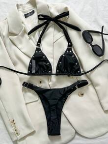 2pcs Sexy Black Swimsuit Set With Silver Rivets | Halter Bikini Top + Thong Bottoms | Perfect For Beach Vacation, Pool Party And Holiday Celebration - Black - View 5
