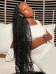 Bohemian Woven Wig Bohemian Style Square Braided Wig Knotless Goddess Braided Wig With Curly Tail Double Full Lace Square Artificial Woven Wig With Suitable For Women Natural Black 36 Inches - Black - View 7