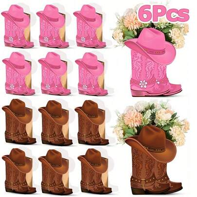 6pcs Western Cowboy Boot Flower Box, Cowboy Themed Party Gift Packaging Box, Used For Party, Wedding Decoration Supplies
