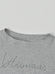 American Casual Gray Asymmetric-Shoulder Short T-Shirt With Rhinestone Design, Short Sleeve Top Summer - Grey - View 5