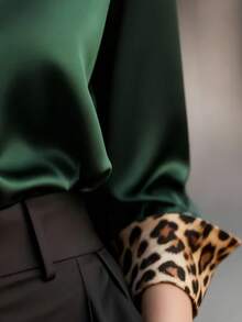 Stylish Women's Polyester Green Long Sleeve Shirt With Leopard Print Cuffs Button Details Classic Blouse, Regular Fit, Suitable For Spring And Summer - Green - View 4