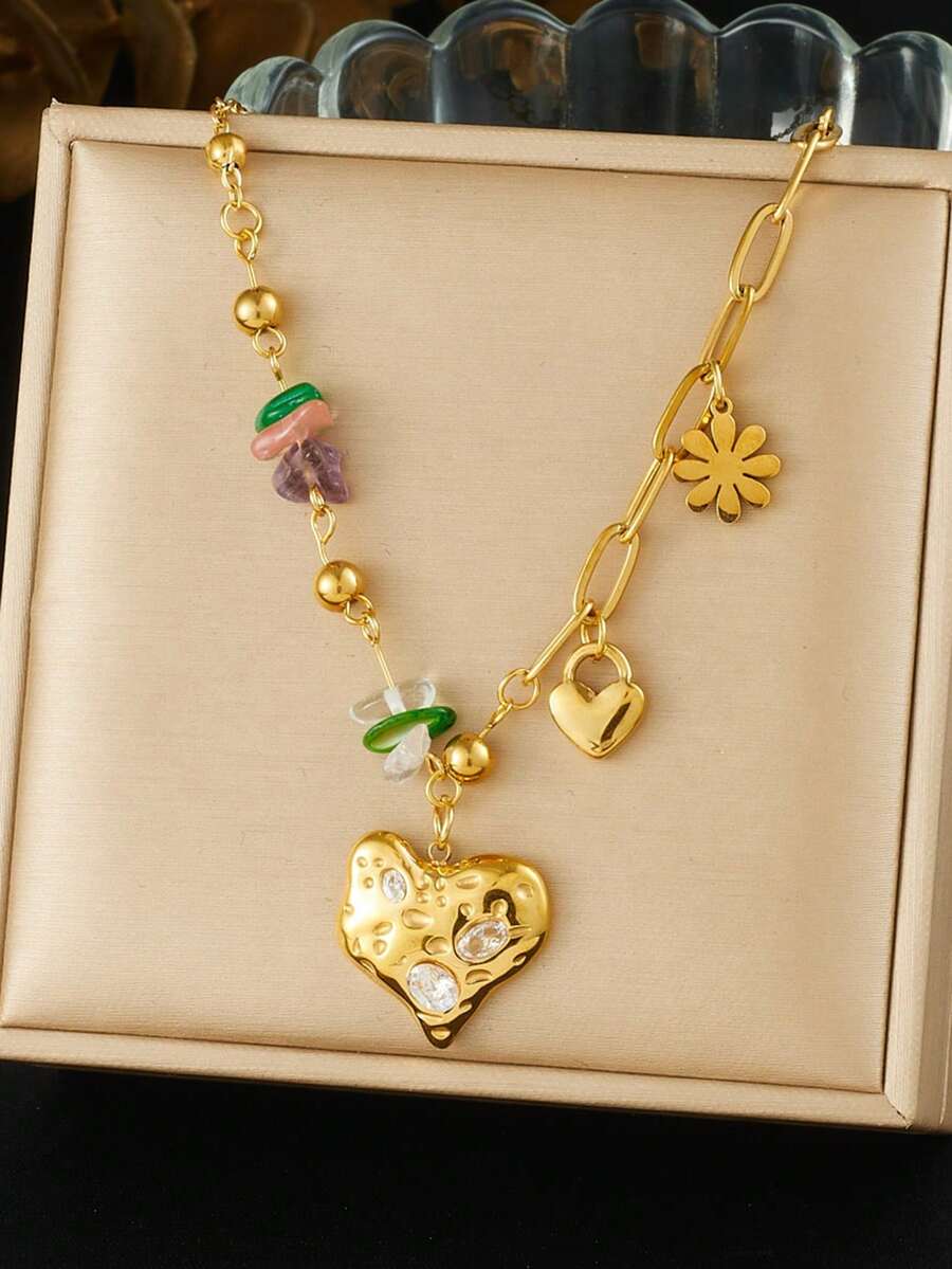 1 chiếc mặt dây chuyền hình trái tim khóa không đối xứng mạ vàng, trang trí hạt cườm nhiều màu sắc, dây chuyền thép không gỉ - màu sắc - Xem 1