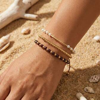 Set de 3 piezas Traje casual y elegante, Pulsera con perla falsa + cuentas doradas + piedras semipreciosas, Regalo primera opción, Pulsera para parejas, Pulsera para hermanas, Pulsera elástica, Set de pulseras de , Pulsera de la suerte, Pulsera apilable, Regalo de cumpleaños, Regalo familiar, Regalo del Día de San Valentín, Regalo de aniversario