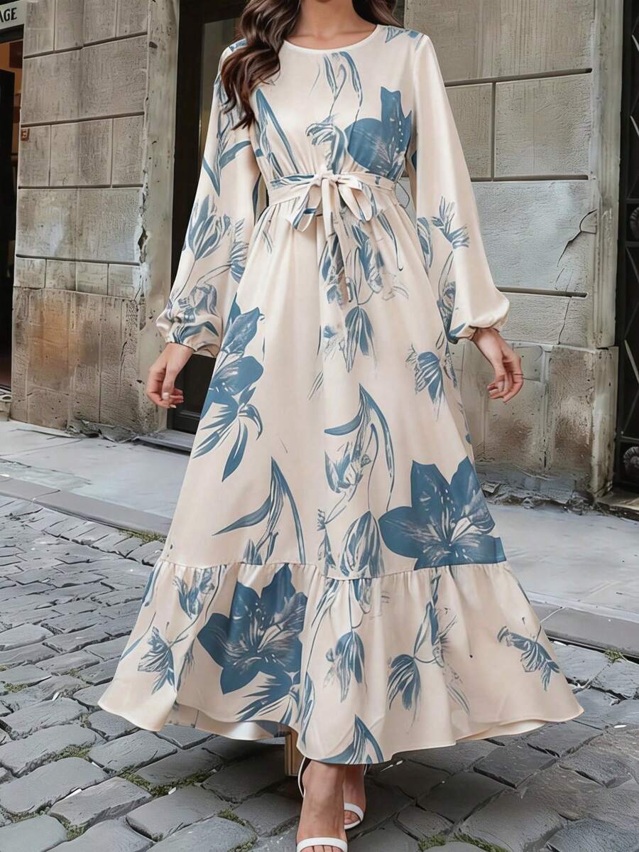SuofeiMan 女士优雅印花弹力腰荷叶边阿拉伯风格连衣裙，适合休闲、旅行、度假或派对等场合，春季穿着。 - 藍色 - 查看 1