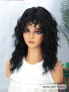Women's Black Wig, 18-Inch Medium-Length Layered Curly Style, Made Of Heat-Resistant Synthetic Fiber, Basic Style With Bangs, Rose Net Cap, 150% Hair Density, Suitable For Daily Wear And Parties. - Multicolor - View 5