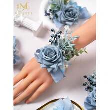 Meldel Dusty Blue Rose Wrist Corsage For Women, Set Of 6, Wedding Bridal Corsage Hand Flower Decor For Prom Corsages Party Homecoming, Wristband Flowers For Bride Bridesmaid Mother Wristlet Décor,6pcsBlueWristCorsages - 6個藍色腕花 - 查看 4
