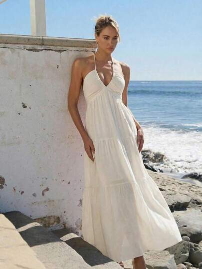 Vestido largo de fiesta playera con cuello halter y espalda descubierta para mujer