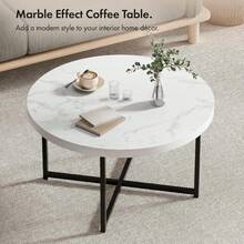 Coffee Table For Living Room - Round Grey Concrete Look Living Room Table - Modern Style With Black Powder Coated Metal Legs - White - View 5