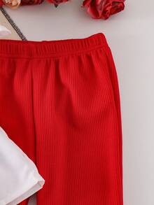 2pcs/Set Young Girl' Cute Heart Pattern Splice Collar Puff Sleeve Top And Solid Color Flared Pants Set, Summer