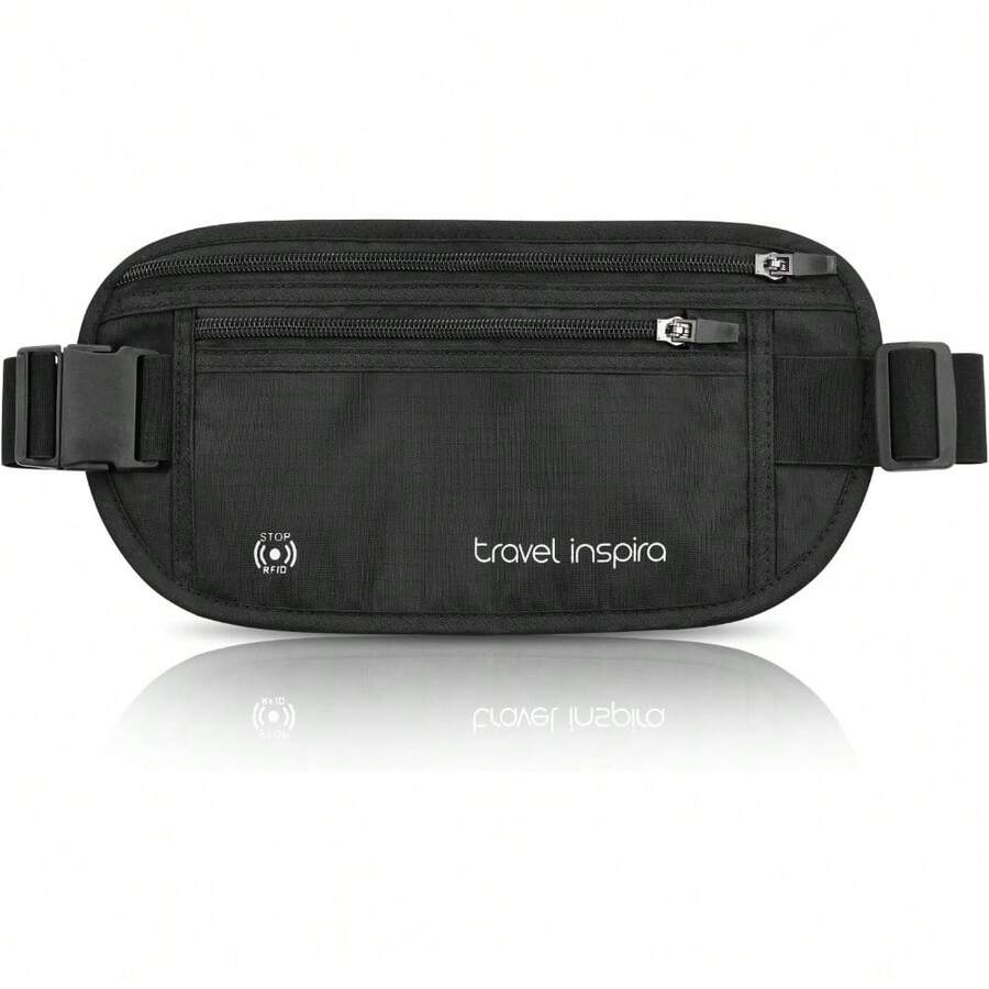 travel inspira Cinturón de Viaje Antirrobo con Protección RFID, Cremallera Segura y Bolsa Oculta para Pasaporte | Organizador Ultradelgado de Dinero en Efectivo | Viaje y Ligero para Turistas - Negro-Grande - Ver 1