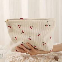 Cute Cherry Pattern Printed Corduroy Zipper Storage Bag, Lightweight Makeup Bag And Makeup Bag, Multi-Functional Storage Bag With Inner Lining - Apricot - View 4