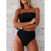 Women's Comfortable Beach Bikini - Bandeau High-Waist Set, Elastic Ruched Top (Blue & Black Options),Slim Fit Runs Small Recommend Order One Size Up, Tummy Control Waist Ruched Cinching, Swimwear For Beach Vacation & Pool Party - Black - View 1