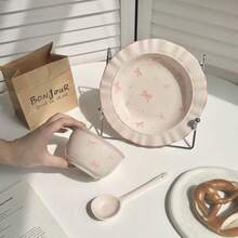 4 件套蝴蝶结图案陶瓷碗套装 - 包含 2 个碗和勺子，可用洗碗机清洗，适用于谷物、汤、沙拉、早餐、酸奶、甜点和冰淇淋 - 粉色 - 彩色 - 查看 7