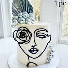 1 pieza/Set de 3 piezas Decoración para pastel de retrato de arte lineal de acrílico negro, adecuado para decoración de pasteles de cumpleaños, bodas y fiestas - Multicolor - Ver 18