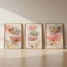 三联花卉墙画，金色箔片粉色和灰色花卉帆布画 | 现代植物装饰，适用于卧室、客厅或办公室，抽象植物海报，送她的礼物，不含框 - 彩色 - 查看 2