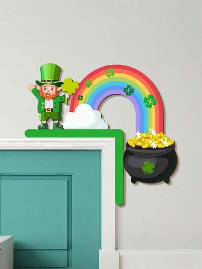 St. Patrick's Day Door Decor - Clover & Rainbow Door Frame, St. Patrick's Day Decoration, Fun Door Ornament, Wooden Sign, Front Door Decor, St. Patrick's Day Party Decoration (Vibrant)
