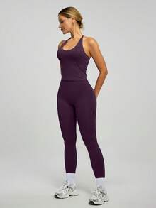 1 Set Women's Elastic Spaghetti Strap Criss-Cross Back Elastic Camisole And Pants Sports Suit - Purple - View 7
