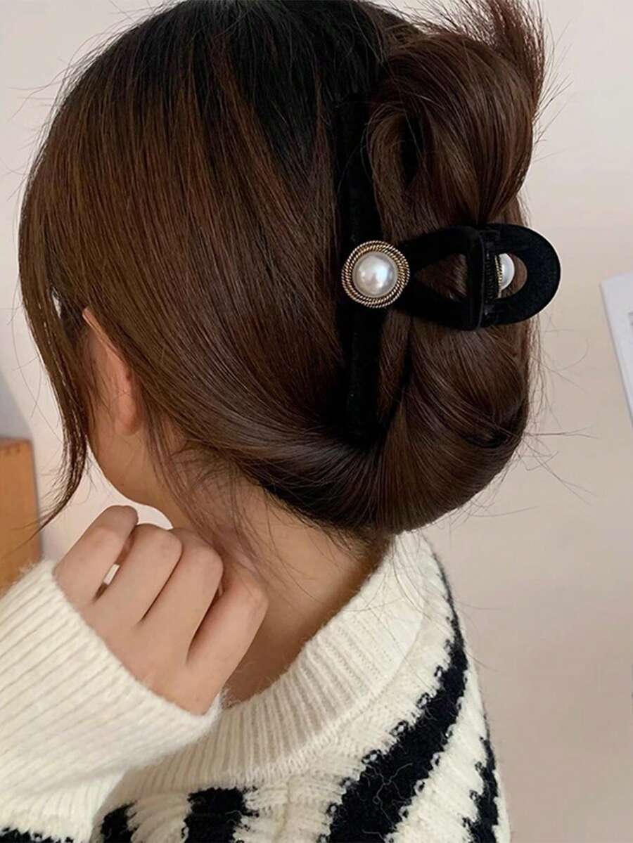 1个经典黑色天鹅绒仿珍珠装饰发夹，优雅设计，适合女士，秋冬时尚发饰，优雅发爪，女士发夹，休闲发卡