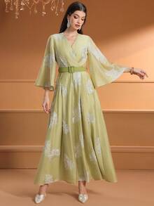 Women's Elegant Cross-Neck Random Embroidered Dress - Green - View 1