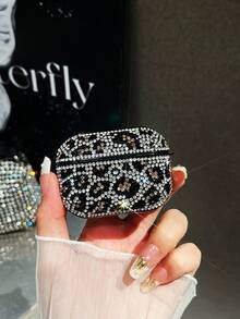 1 pieza Estuche protector de auriculares Bluetooth con estampado de leopardo de diamantes y lentejuelas brillantes de color blanco para AirPods - Blanco - Ver 1