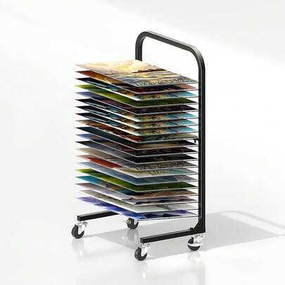 Tendedero de arte de 20 estantes para aulas - Organizador de almacenamiento de arte con ruedas bloqueables, tendedero grande para estudios de arte, metal/negro