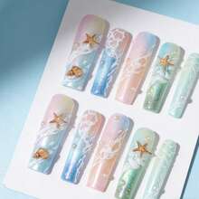 10Pcs Mermaid Dream Long Square Aquarium Press-On Nails - Pure Handmade Wearable Nails With Starfish Charms, Shell Accents, Net Details & Rainbow Pastel Tones, Perfect For Summer Dates, Beach Parties & Afternoon Tea - 彩色 - 查看 3