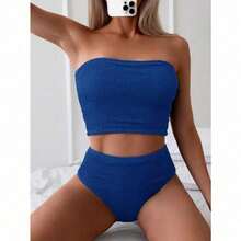 Women's Comfortable Beach Bikini - Bandeau High-Waist Set, Elastic Ruched Top (Blue & Black Options),Slim Fit Runs Small Recommend Order One Size Up, Tummy Control Waist Ruched Cinching, Swimwear For Beach Vacation & Pool Party - 藍色 - 查看 7
