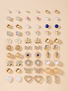 30 Pairs/Set Fashionable & Minimalist Women's Daily Earring Jewelry Set, Includes Heart, Bow, Round Flower, Metal, Rhinestone, Faux Pearl Designs, Colorful & Elegant - Yellow Gold - View 1