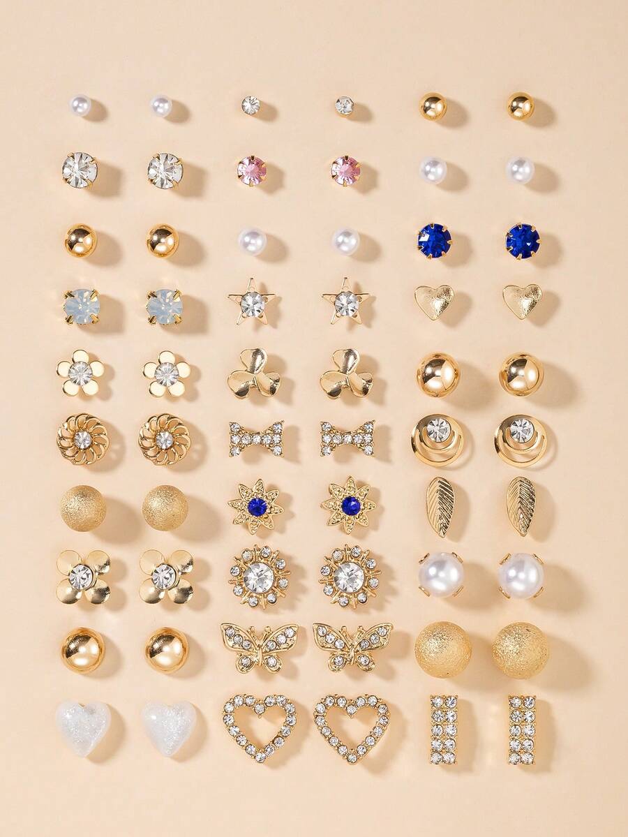 30 Pairs/Set Fashionable & Minimalist Women's Daily Earring Jewelry Set, Includes Heart, Bow, Round Flower, Metal, Rhinestone, Faux Pearl Designs, Colorful & Elegant - Yellow Gold - View 1