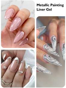 FOUR LILY 10ml Y2K Metallic Line Gel Nail Polish Set, Gold & Silver Ultra-Bright Mirror Line Gel Nail Polish, Semi-Permanent Line UV Gel Nail Art Paint, Suitable For French Manicure, Home Salon DIY Women's Gift - 金色 - 查看 3