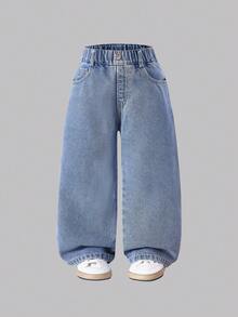 Mädchen Lässig Jeans mit Schmetterling-Stickerei, amerikanischer Stil gerade Bein, elastischer Bund, angenehmer Stoff ganzjährig, Rückentasche, modischer Straßenmode-Stil, geeignet für Schule, Outdoor, Skateboard & Rollerskating - Helle Waschung - Übersicht 2
