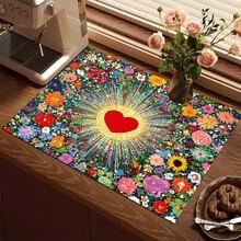1 pieza Alfombrilla absorbente con estampado floral y de corazones de colores para cafetera, platos - Alfombrilla protectora de escritorio absorbente de poliéster con respaldo de goma antideslizante, para decoración de la encimera de la cocina, bar en casa y mesa de comedor - Multicolor - Ver 8