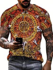 Men's Maya-Inspired 3D Print T-Shirt - Full-Body /Mayan  Patterns (Feathers, Gods, Calendar Glyphs) - Soft Breathable Polyester, Plus Size Available, Short Sleeve Crew Neck Tee For Mayan Culture Enthusiasts, Parties & Travel, PLUS SIZE - Nhiều màu - Xem 4