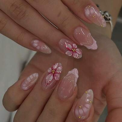 24pcs Short Almond-Shaped Fake Nails, Pink Floral French Manicure, Cute Chrome Alloy Acrylic Press-On Gel Nail Kit (Includes: 1pc Jelly Gel And Nail File), Suitable For Women's Daily Dates And Parties