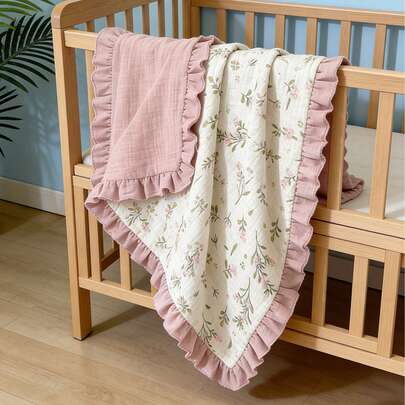 1pc Baby Blanket, Floral Print With Ruffle Edge, Soft Fine Fabric, Spring/Summer New Arrival, Essential Baby Daily Item