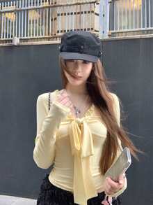 Bowknot Frill V-Neck Fitted Women Top, Early Spring - Light Yellow - View 7
