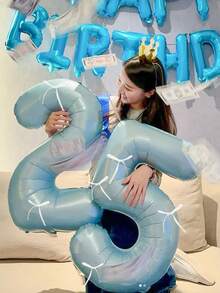 24pcs/Set Pearlescent Blue Number Balloons For Birthday, Includes 40-Inch Pearlescent Blue Number Balloons, White Ribbon Bows, Suitable For 100 Days, Birthday Party, Baby Shower, Blue Birthday, Indoor/Outdoor Photography Props - Multicolor - View 6