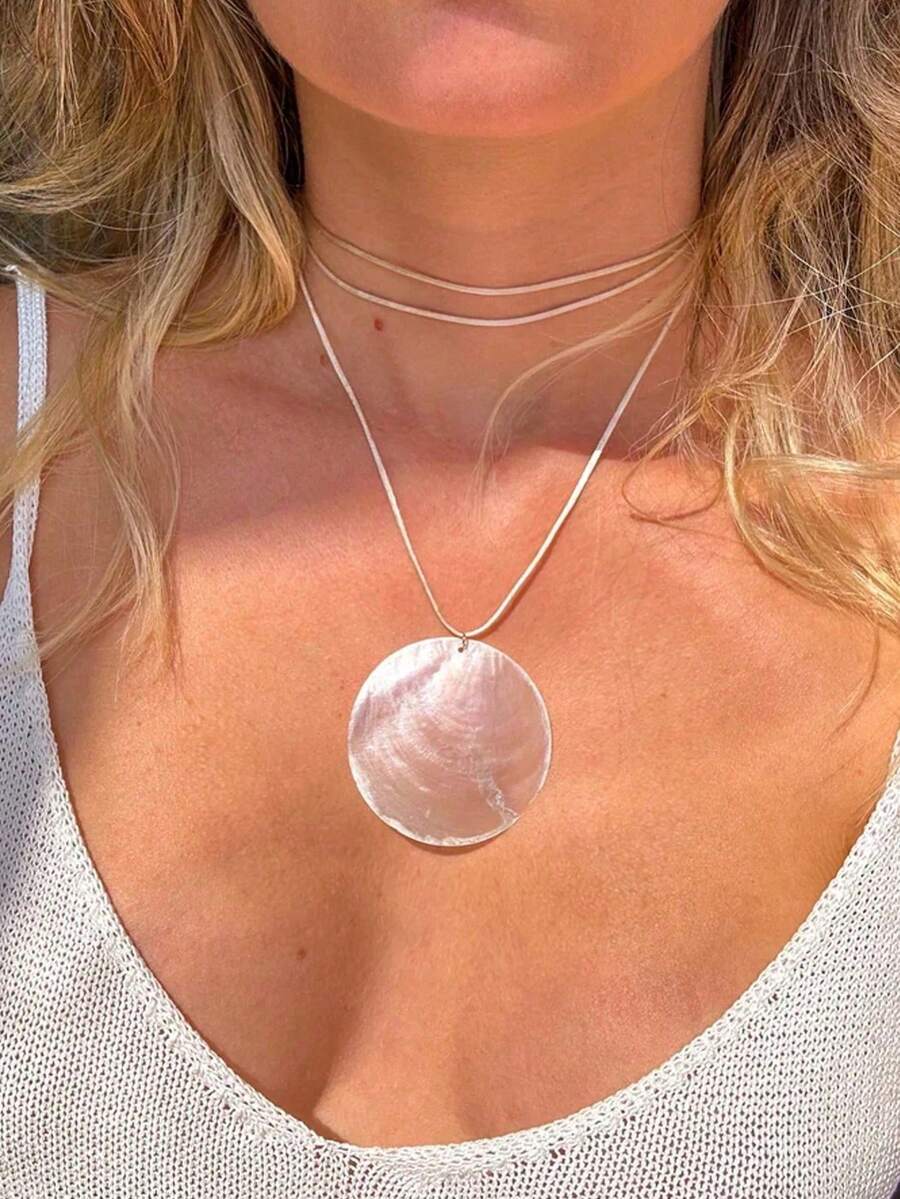 1 pieza Collar redondo minimalista multicapa, adecuado para que las mujeres lo usen en cualquier ocasión, estilo de vacaciones en la playa - Blanco - Ver 1