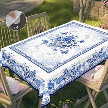 1pc Eastern Retro Flowers Tablecloth, Rural Farmhouse Style, Blue&White Flowers Pattern Design, Rectangular&Round Tablecloth+4pcs Anti Slip Stickers, Spring&Summer Decor, Party Tablecloth, Kitchen Accessories, Room&Outdoor Decor, Gift To Friends - White - View 1