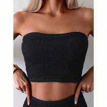 Women's Comfortable Beach Bikini - Bandeau High-Waist Set, Elastic Ruched Top (Blue & Black Options),Slim Fit Runs Small Recommend Order One Size Up, Tummy Control Waist Ruched Cinching, Swimwear For Beach Vacation & Pool Party - Black - View 7