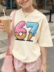 Tween Girl Ice Cream Cartoon "67" Print T-Shirt, Soft And Comfortable Fabric, Fashionable Summer Top, Suitable For Daily, Streetwear, And School Wear - Apricot - View 6