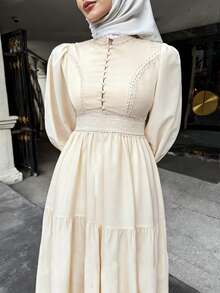 DAZY Elegancka sukienka na wesele dla gości wiosennych, koronkowa sukienka midi z bufiastymi rękawami i stójką, jesienna sukienka z długim rękawem - Beżowy - Zobacz 6