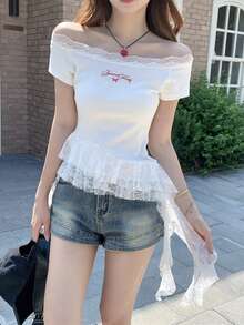 Áo thun tay ngắn phối ren gợi cảm kiểu Hàn Quốc, dáng ôm, áo crop top trắng casual mùa hè - trắng - Xem 4