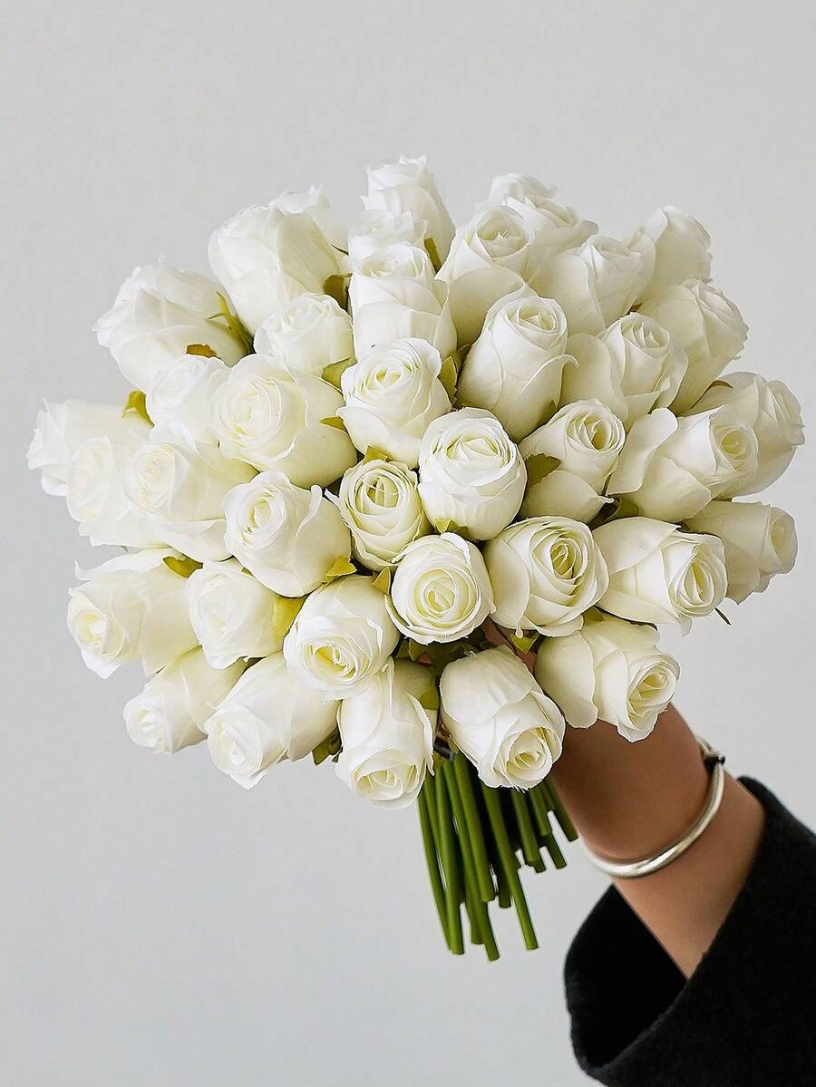 24支情人节仿真玫瑰丝花，逼真玫瑰花束，假玫瑰花茎，适用于情人节、母亲节、家居婚礼派对装饰、餐桌摆件、DIY装饰 - 白色 - 查看 1