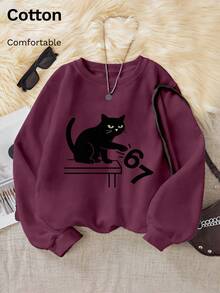 春季新款女士纯棉舒适卫衣，可爱黑猫图案，宽松版型，适合凉爽微风中舒适外出。 - 紫色 - 查看 2