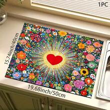 1 pieza Alfombrilla absorbente con estampado floral y de corazones de colores para cafetera, platos - Alfombrilla protectora de escritorio absorbente de poliéster con respaldo de goma antideslizante, para decoración de la encimera de la cocina, bar en casa y mesa de comedor - Multicolor - Ver 1