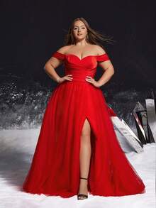VIPGIRL 优雅红色露肩大码高开衩A字连衣裙，褶皱腰身设计，雪纺裙摆，优雅派对礼服，女士正式舞会礼服 - 紅色 - 查看 1
