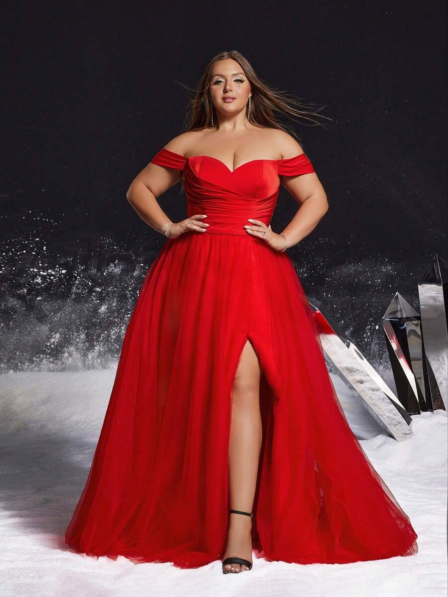 VIPGIRL 优雅红色露肩大码高开衩A字连衣裙，褶皱腰身设计，雪纺裙摆，优雅派对礼服，女士正式舞会礼服 - 紅色 - 查看 1