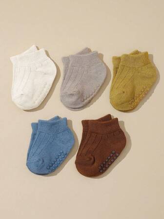 5 Pairs Baby Anti-Slip Solid Color Indoor Toddler Ankle Socks, Spring/Summer